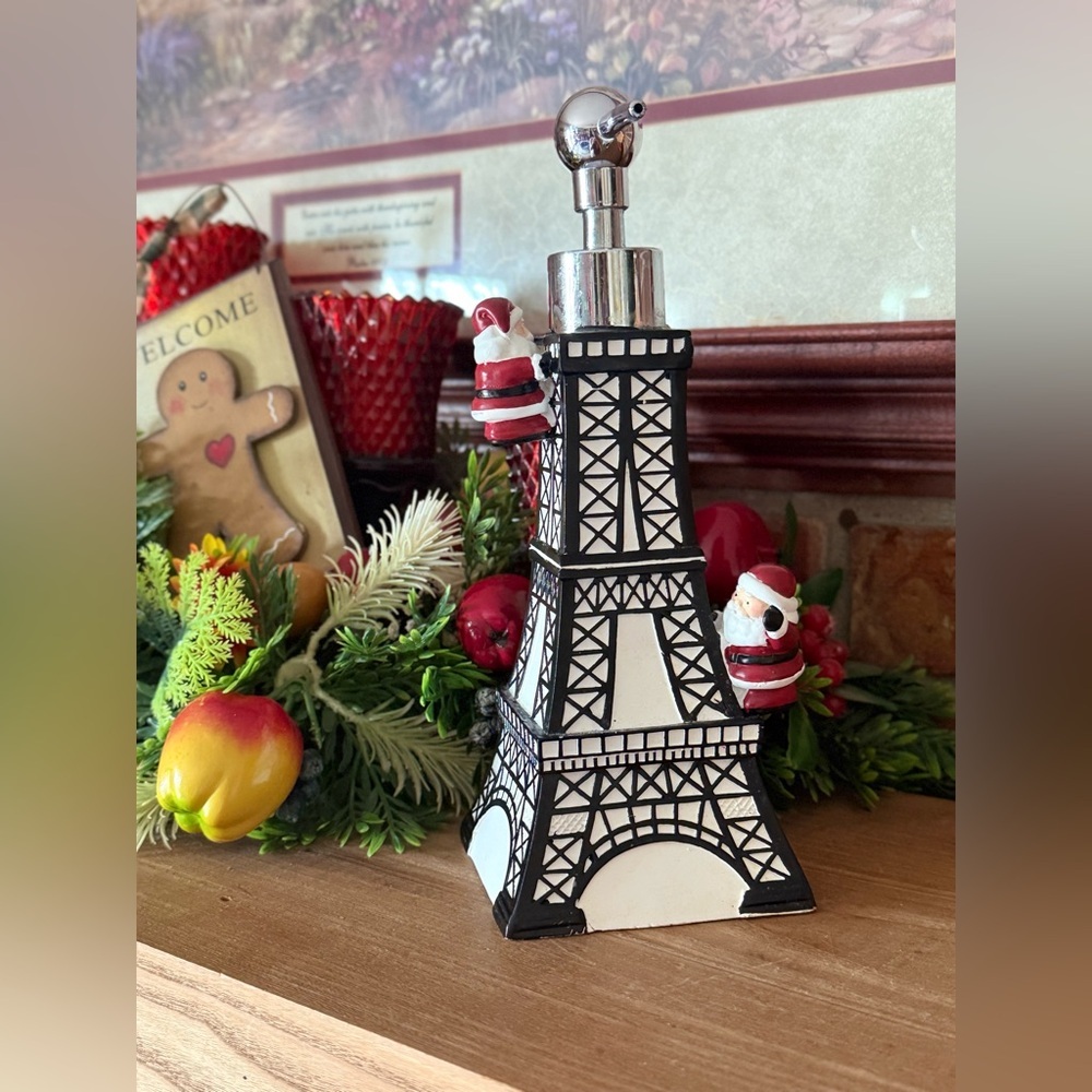 Eiffel Tower Soap Dispenser with Santa Accents - Black & White